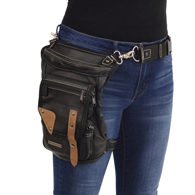 Milwaukee Leather MP8880 Black Utility-Pocket Leather Thigh Bag with Waist Belt and Holster; includes a deep utility pocket