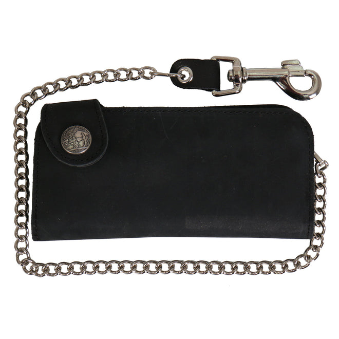Black Buffalo Nickel Snap Bi-Fold Wallet with Chain from Hot Leathers, featuring a sturdy chain and classic leather design.