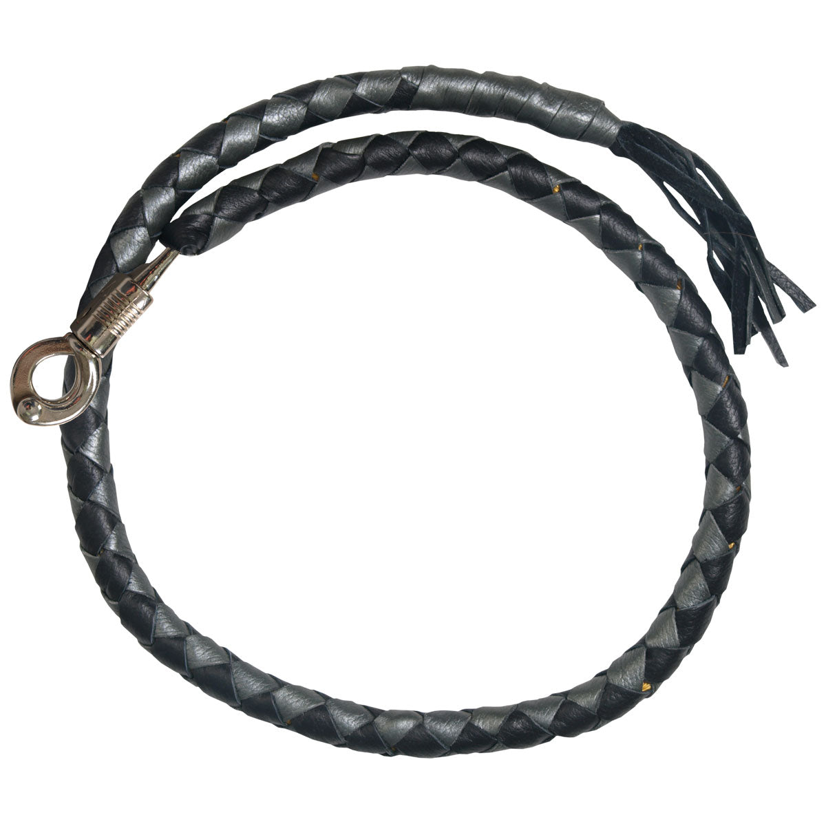 Hot Leathers Get Back black and silver leather whip, genuine leather with textured handle, displayed on a plain background.
