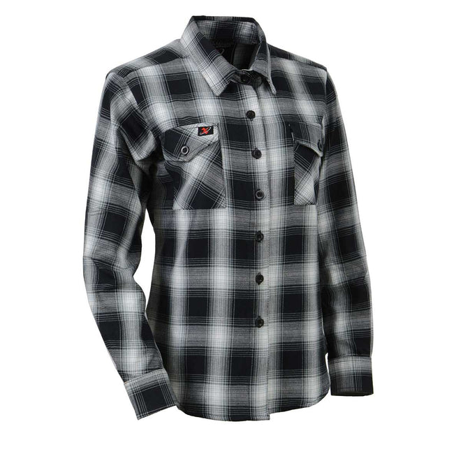 Milwaukee Leather women's black and white long sleeve cotton flannel shirt, textile clothing with a classic button-up design.