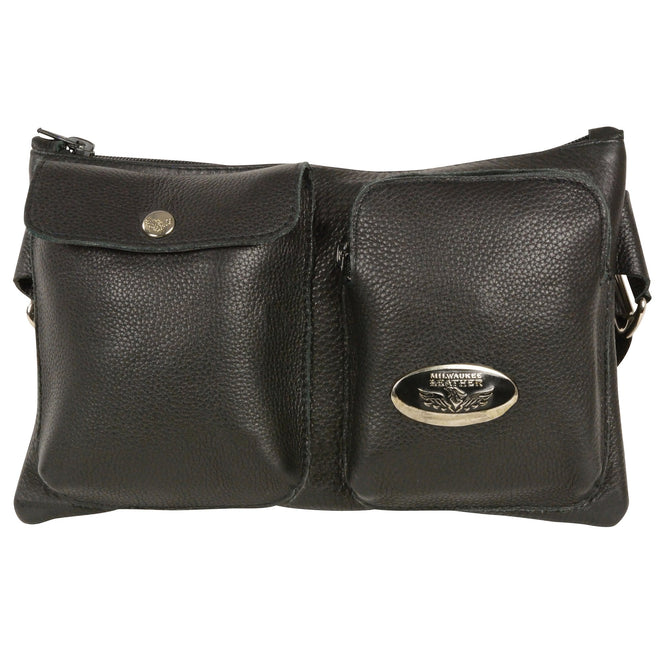 Milwaukee Leather MP8825 women's black leather belt bag with clip and thigh strap, stylish and compact for hands-free carry.