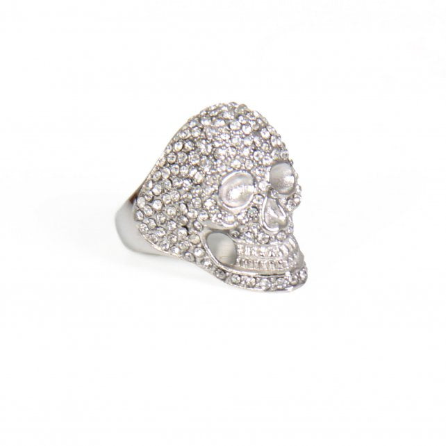 Hot Leathers Bling Skull stainless steel ring showing a detailed skull design with sparkling accents, perfect for accessories.