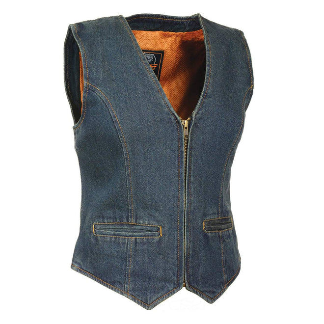 Milwaukee Leather women's blue denim vest with V-neck collar, stylish and casual VEST for women, shown on a hanger.