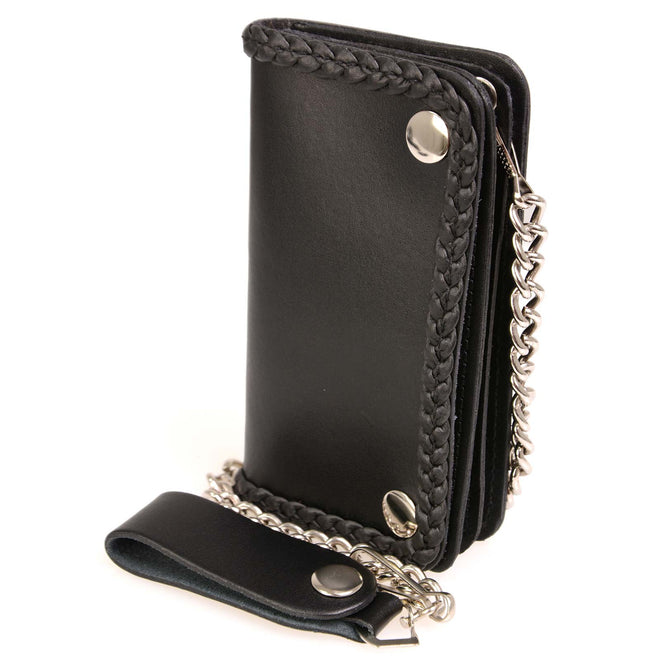 Milwaukee Leather men's 6-inch braided leather biker wallet with anti-theft stainless steel chain, featuring a bi-fold design.