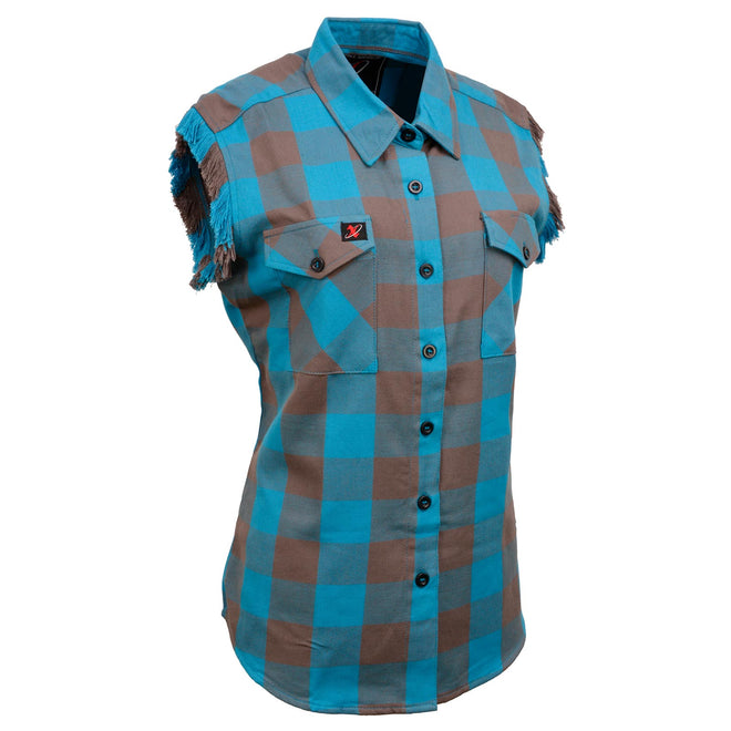 Milwaukee Leather women's sleeveless flannel shirt in brown and aqua with button-down front and frill arm details.