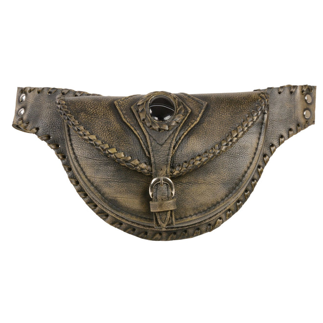 Milwaukee Leather women's brown distressed leather braided hip belt bag with clip-style design and adjustable fit.