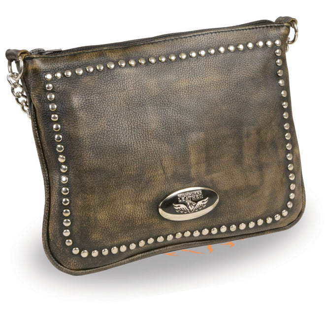 Milwaukee Leather Women's distress brown shoulder bag with chain strap and riveted details, stylish CLIP/THIGH/FAN/BAGS accessory.