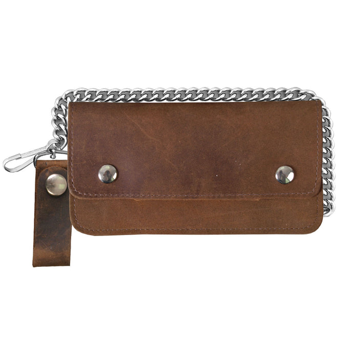 Hot Leathers distressed brown leather bi-fold wallet with chain, featuring rugged design and authentic detailing.