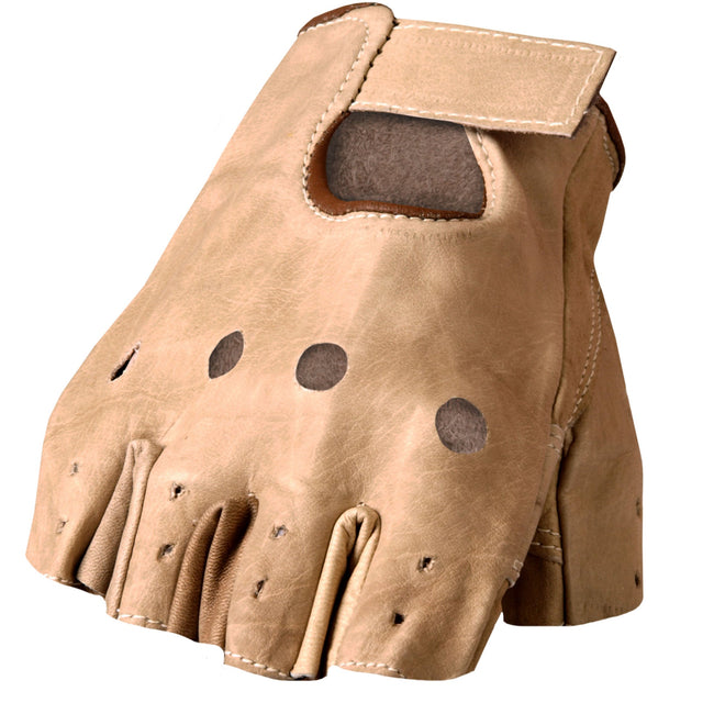 Brown Hot Leathers GVM1005 fingerless leather gloves with padded palm and unlined design, ideal for riding or casual wear.