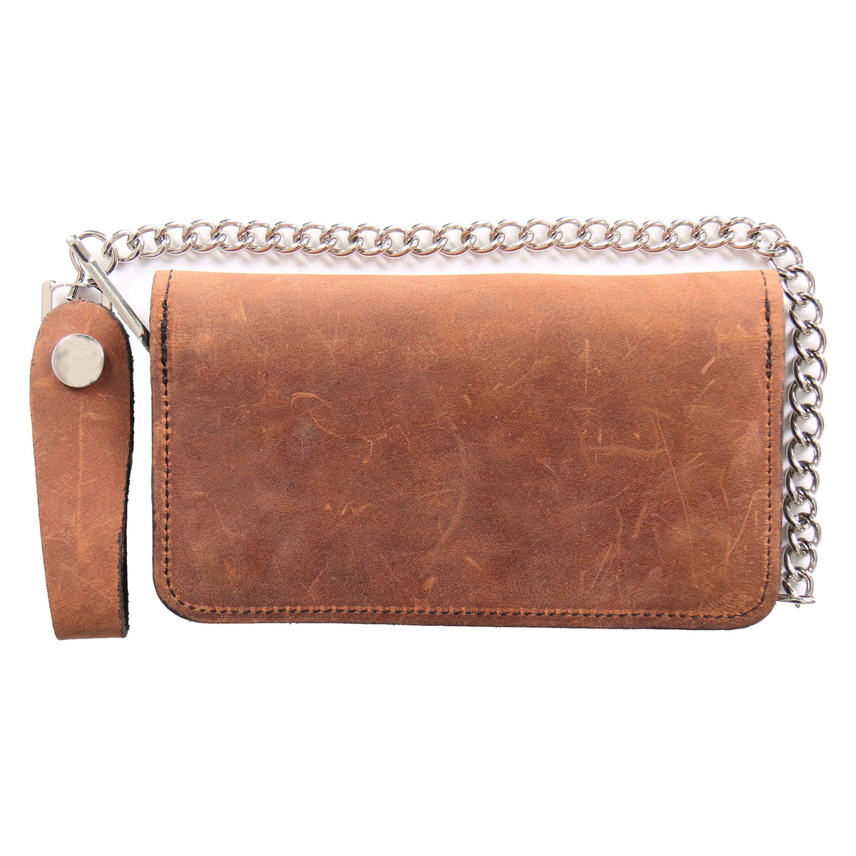 Hot Leathers brown leather wallet with chain, 7-inch bi-fold design, durable and stylish for everyday use.