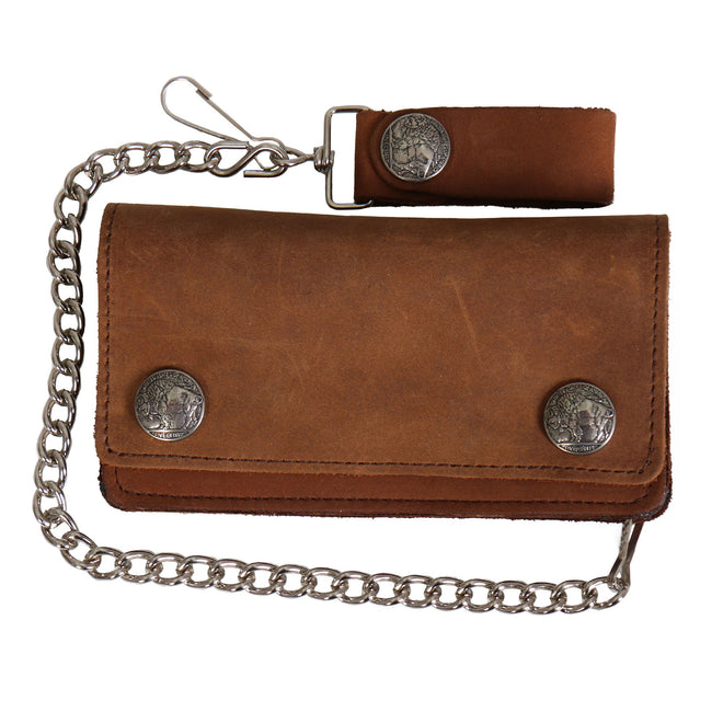 Hot Leathers brown buffalo leather bifold wallet with chain, featuring nickel accents and multiple card slots.