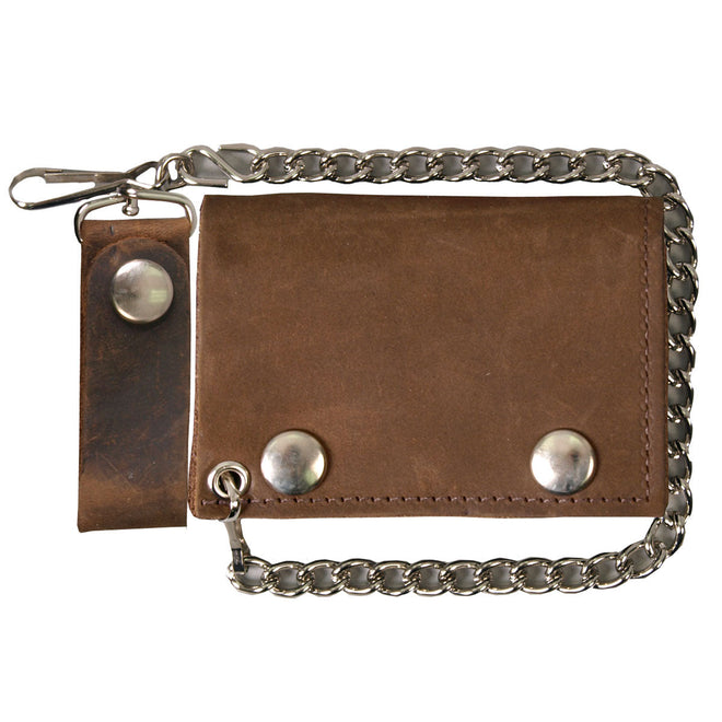 Hot Leathers men's distressed brown tri-fold leather wallet with chain, featuring detailed stitching and classic design.