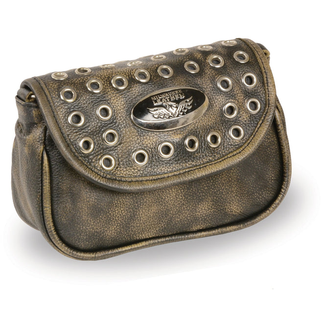 Milwaukee Leather MP8830 distressed brown leather shoulder bag with chain strap, designed for ladies, stylish and functional.