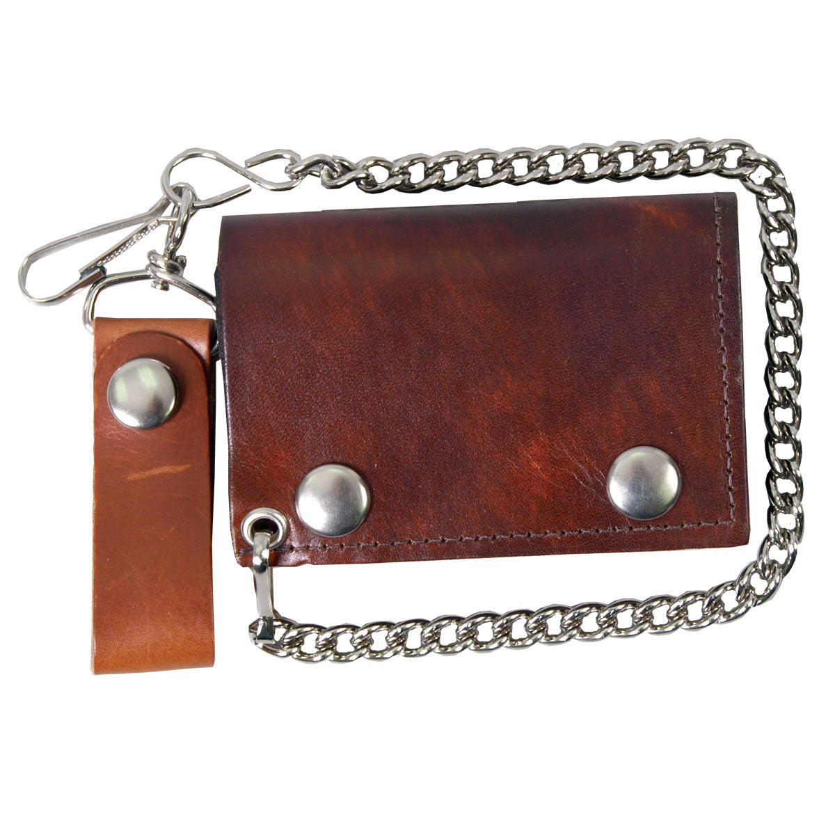 Hot Leathers antique brown tri-fold leather wallet with chain, featuring detailed stitching and secure fold design.