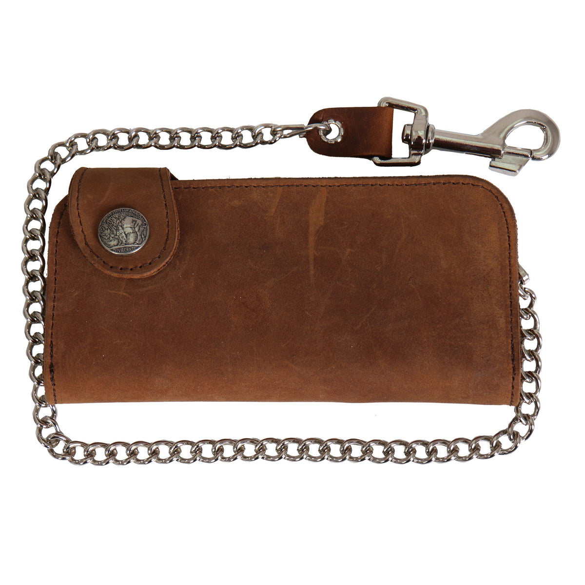 Hot Leathers brown buffalo nickel snap bi-fold wallet with chain, featuring sturdy metal chain and classic leather design.