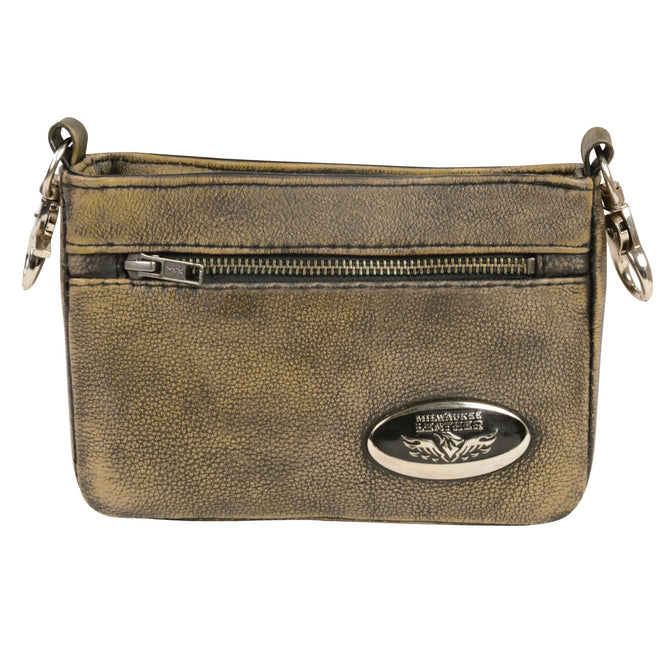 Milwaukee Leather MP8815 ladies distressed brown leather shoulder bag with double zippers, stylish and functional for everyday use.