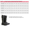 Black leather knee-high boots by Hot Leathers with side zippers, 14-inch height, designed for ladies, shown with size chart.