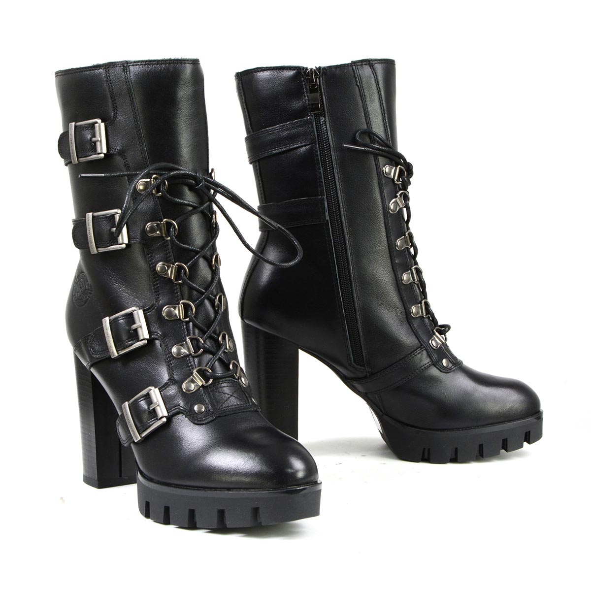 Milwaukee Leather Women's black leather platform boots with buckle accents and lace-up closure, stylish and sturdy footwear.