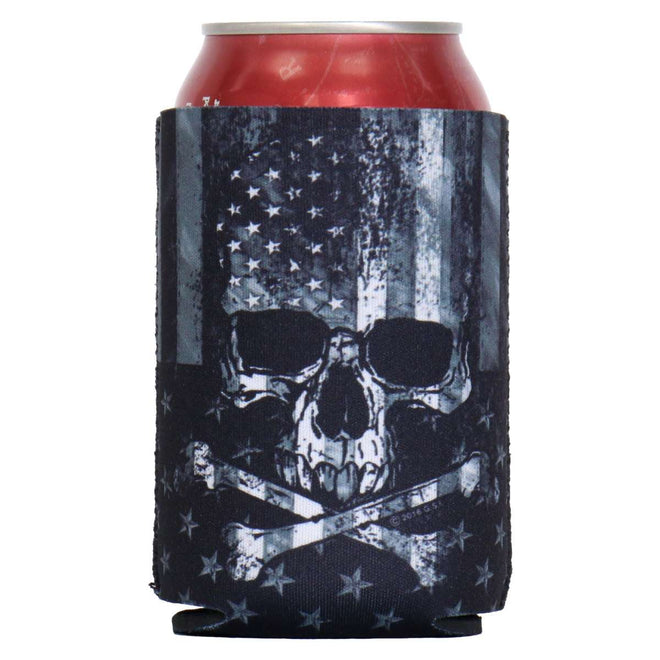 Hot Leathers Gray Skull Can Wrap, a stylish can and bottle sleeve featuring skull design for motorcycle enthusiasts.