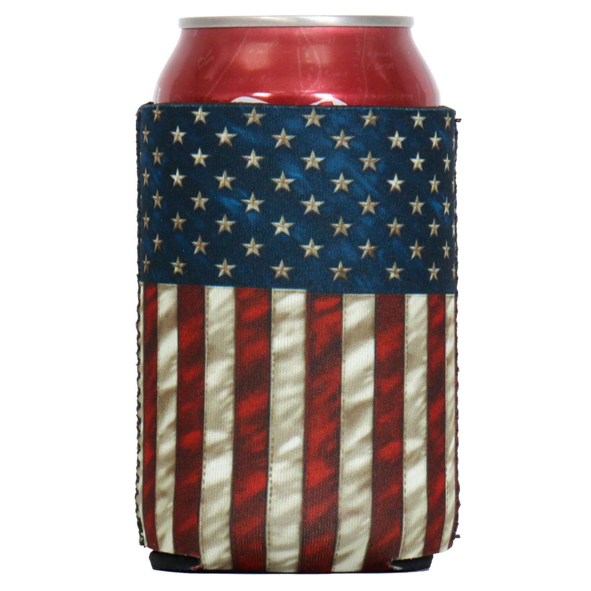 Hot Leathers American flag can wrap sleeve for cans and bottles, featuring bold patriotic flag design and durable material.
