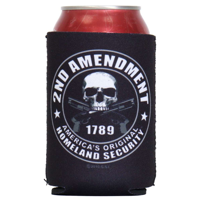 Hot Leathers 2nd Amendment Skull can and bottle sleeve, black with white skull and firearm design, for cans and bottles.