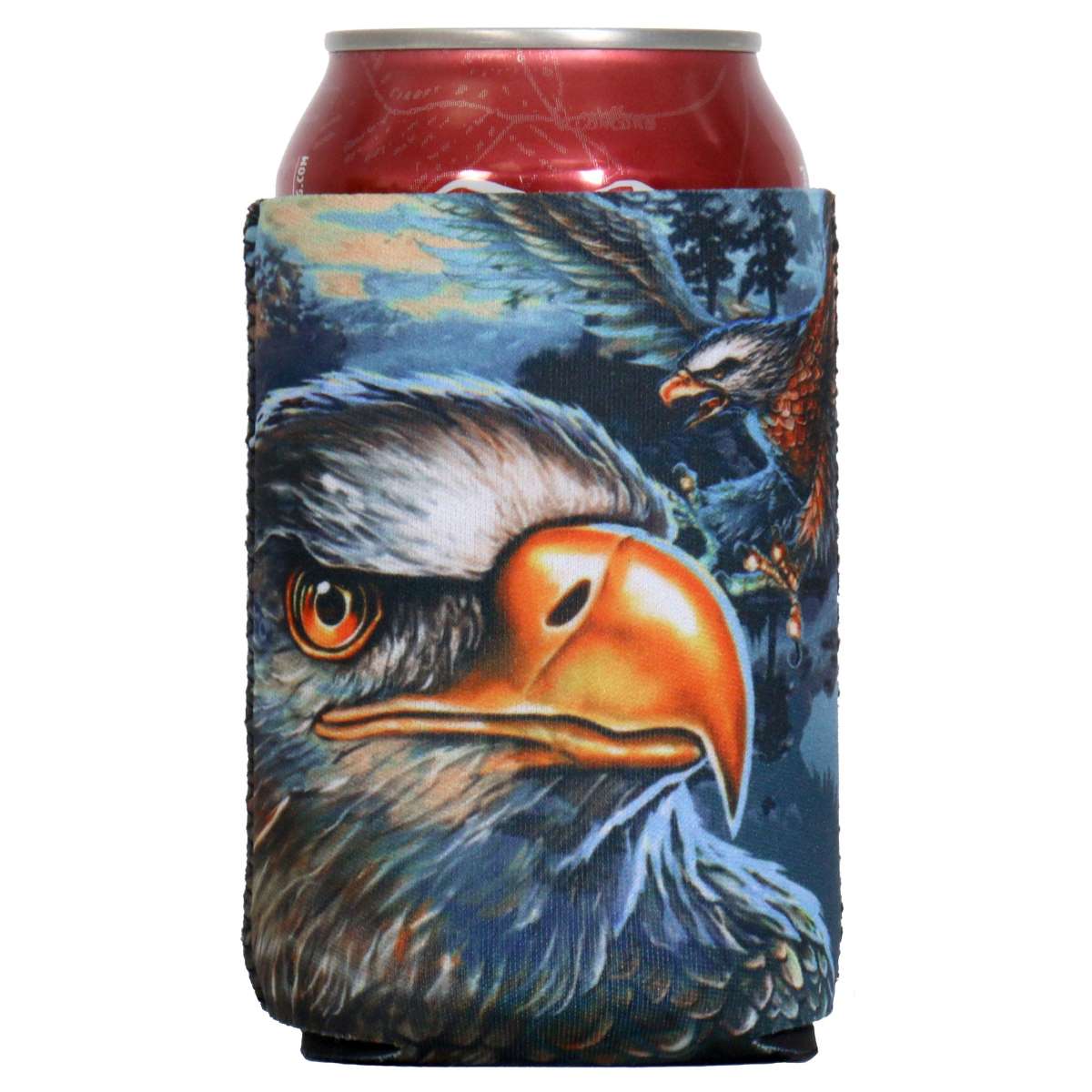 Hot Leathers Majestic Eagle can and bottle sleeve, featuring detailed eagle design on durable can wrap for beverages.