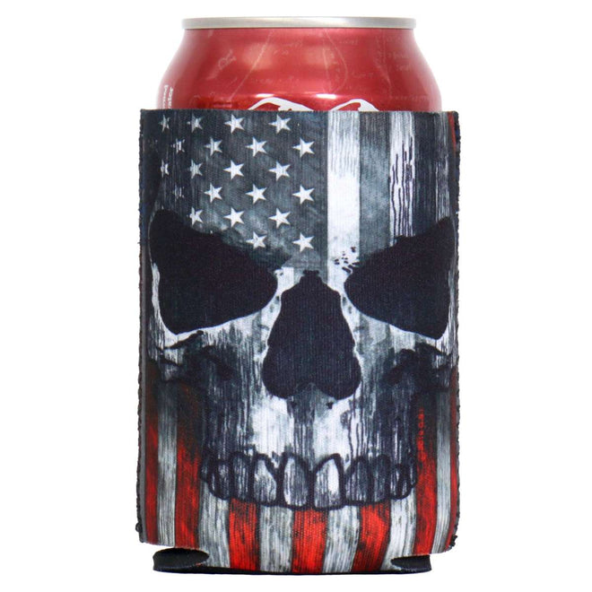 Hot Leathers Patriot Skull finger can wrap showing a bold skull design on black background, fits cans and bottles for biker style.