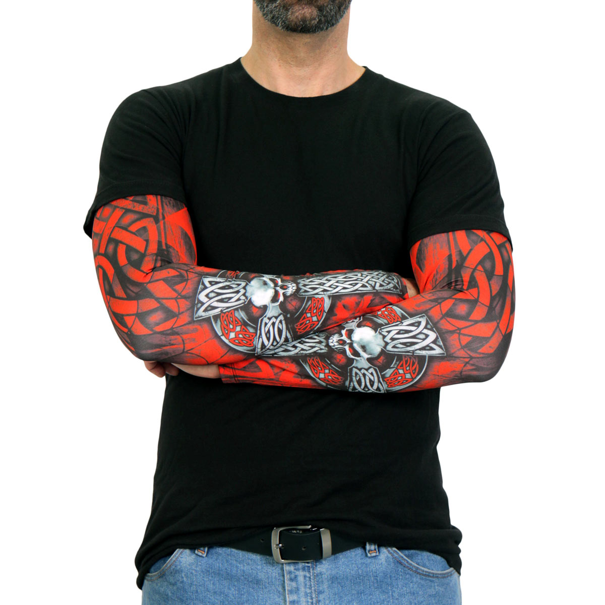 Hot Leathers Celtic Cross arm sleeve, detailed black and white design, stretchy fabric, worn on the arm for style and protection.