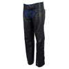 Women's black leather motorcycle chaps by Hot Leathers, style Shade, made in the USA, featuring front view with detailed stitching.