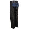 Back side view of Hot Leathers Women's Shade Black Leather Motorcycle Chaps, premium USA-made leather, with detailed stitching.