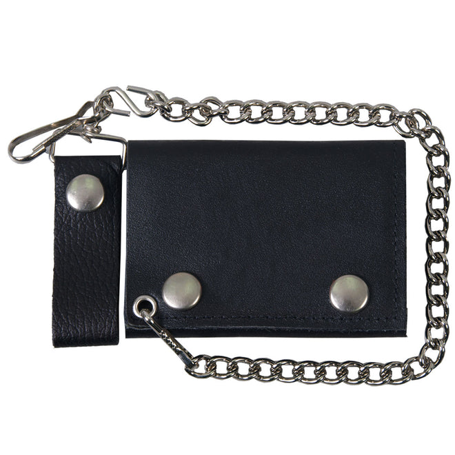 Hot Leathers black leather wallet with chain, classic design featuring multiple card slots and a secure chain attachment.
