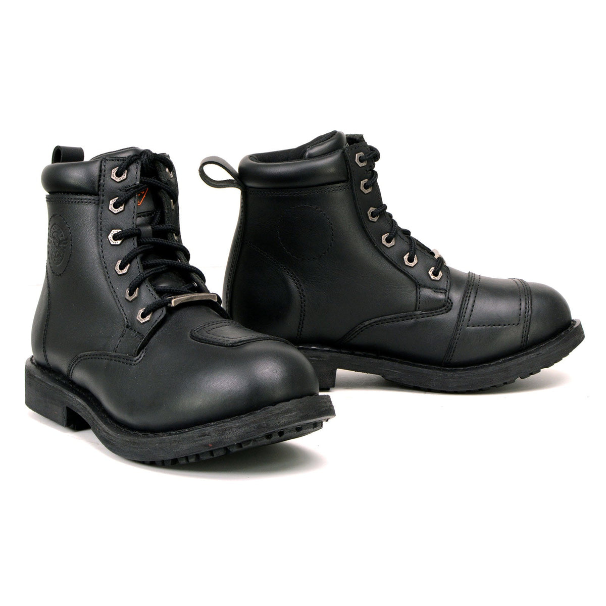 Milwaukee Leather women's black full grain leather motorcycle riding boots with lace-up closure and classic design.