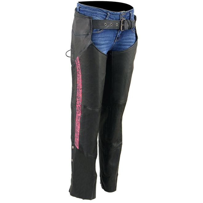 Milwaukee Leather women's black lightweight goat skin chaps with crinkled stripe design and reflective detailing, motorcycle riding gear.