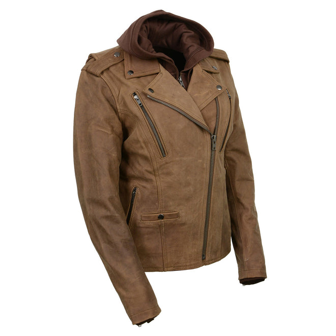 Milwaukee Leather Damsel women's vintage brown leather jacket with removable hoodie and distressed crazy horse finish.