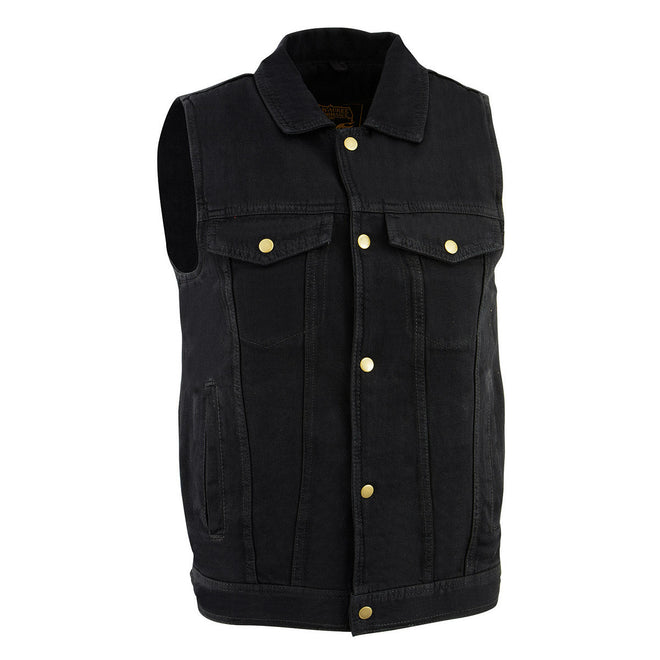 Milwaukee Leather men's black denim vest with snap front and shirt-style collar, casual men's vest for versatile style.