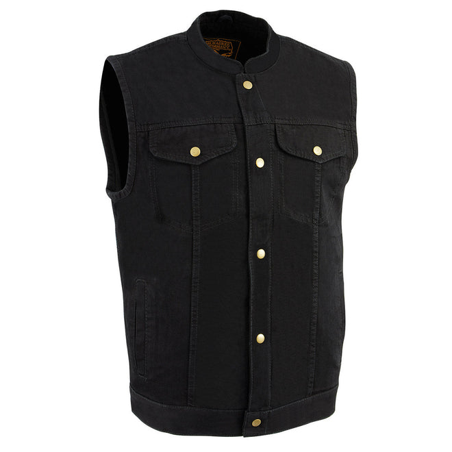 Men's black denim club style vest by Milwaukee Leather with snap front closure and classic design.