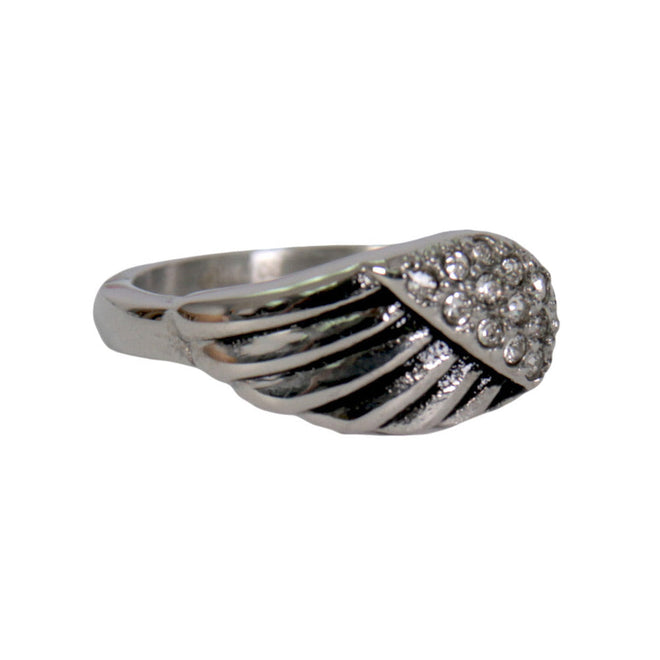 Hot Leathers women's silver stainless steel ring with diamond angel wing design, stylish accessory for fashion and jewelry enthusiasts.
