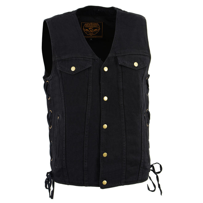 Milwaukee Leather men's black denim vest with side lace details and chest pockets, stylish men's vest for casual wear.