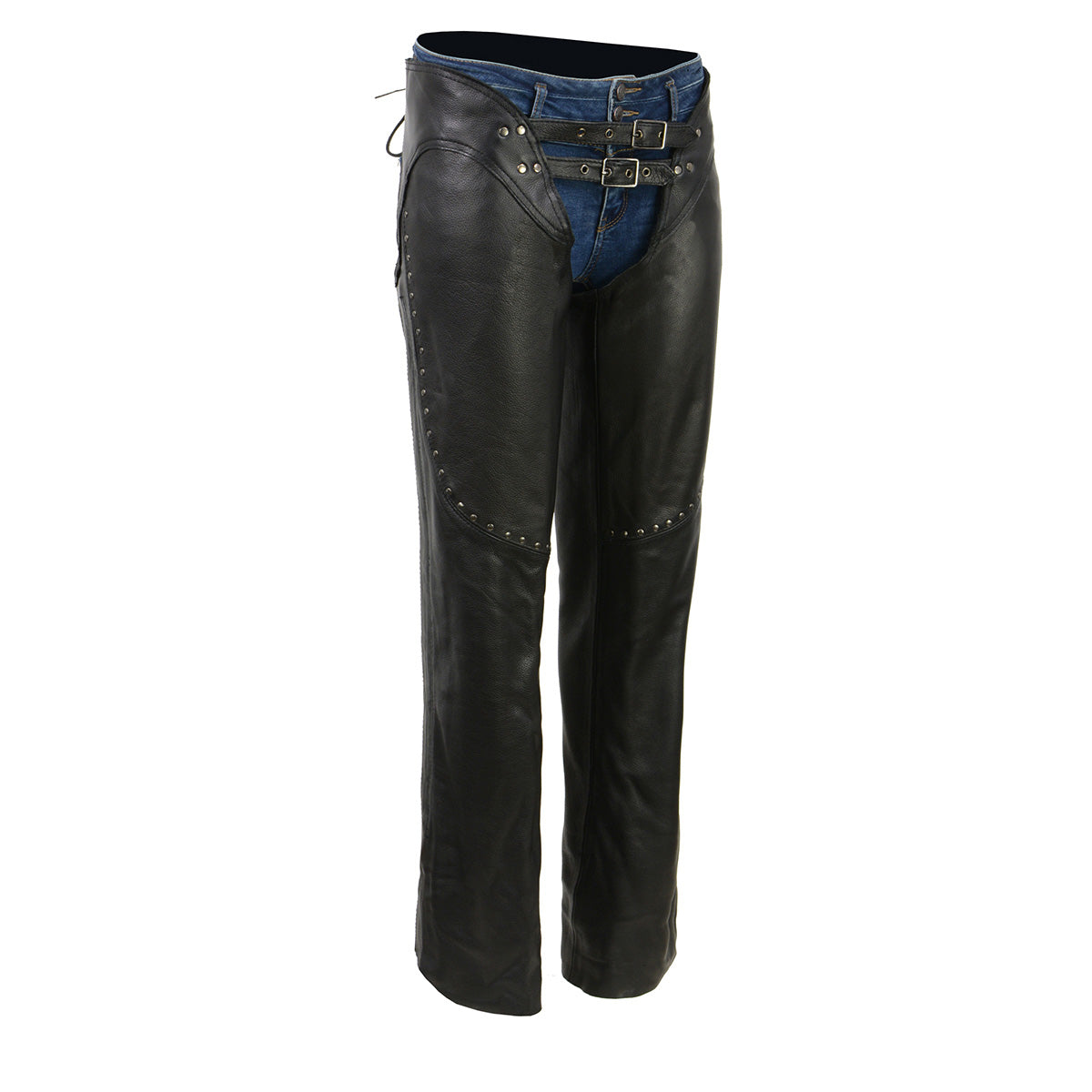 Milwaukee Leather women's black motorcycle chaps with low-rise waist, double buckle front, rivet details, suitable for riding.