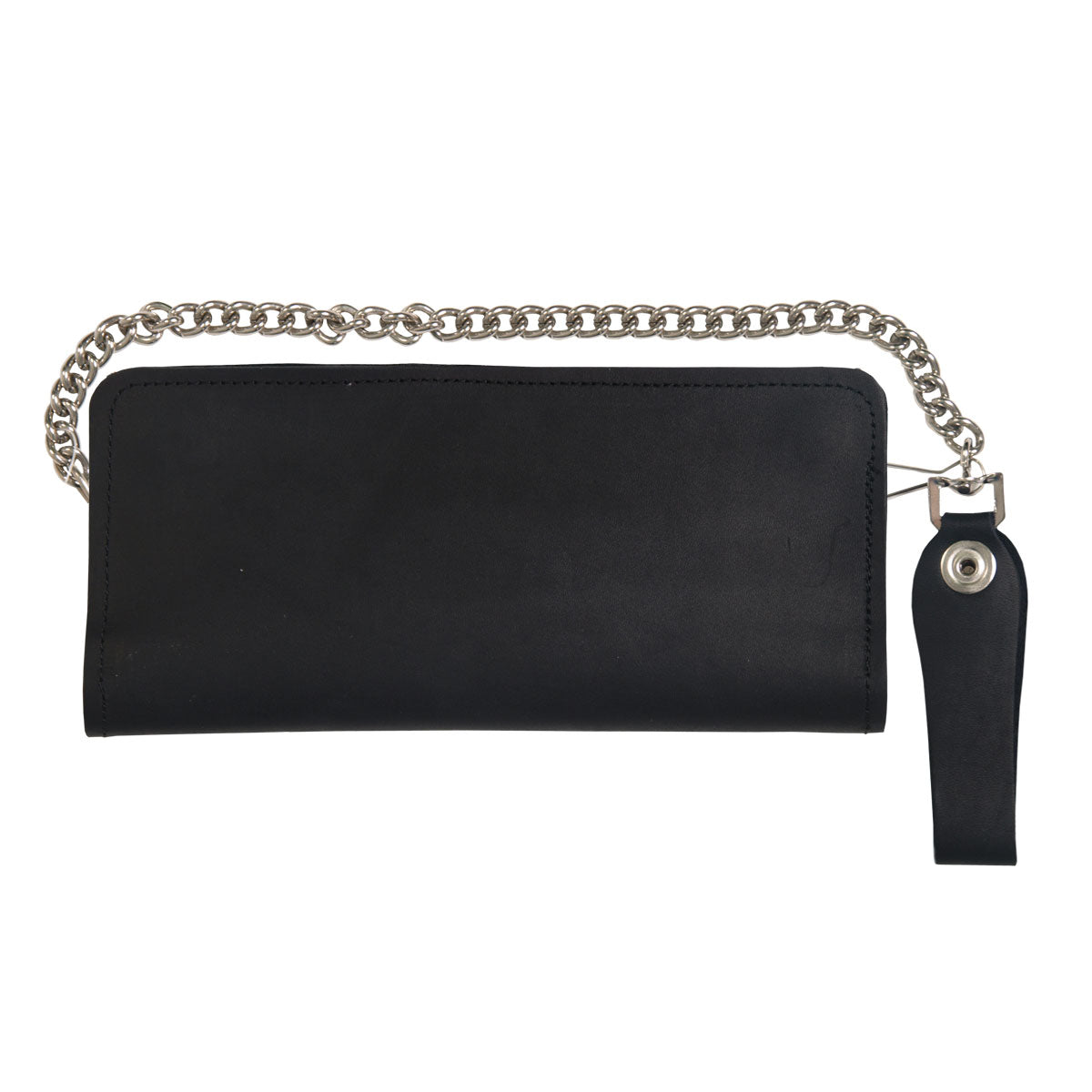 Hot Leathers Double Fold Leather Wallet with Chain showing four pockets and metal chain attachment on black leather.