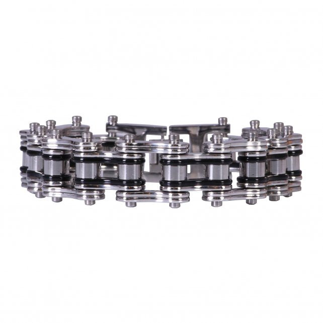 Hot Leathers double wide silver and black motorcycle chain bracelet, rugged accessory for bikers with metal chain design.