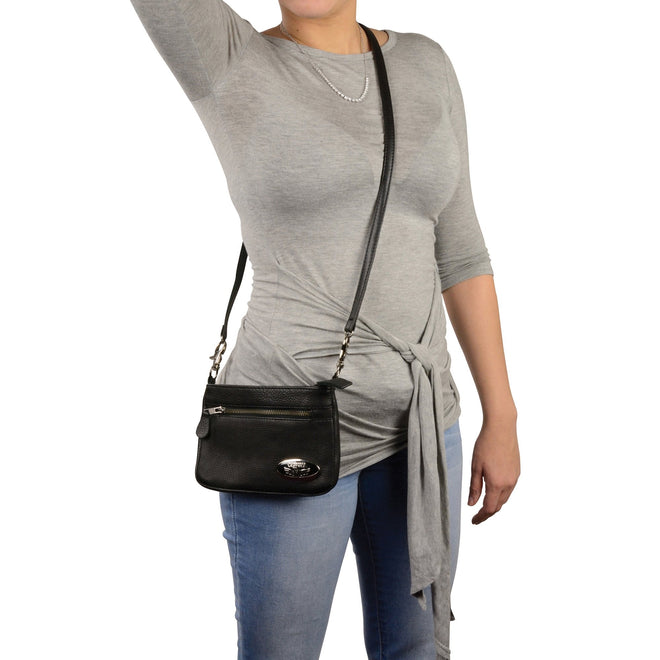 Milwaukee Leather black ladies shoulder bag with double zippers, stylish leather design, suitable for daily use.