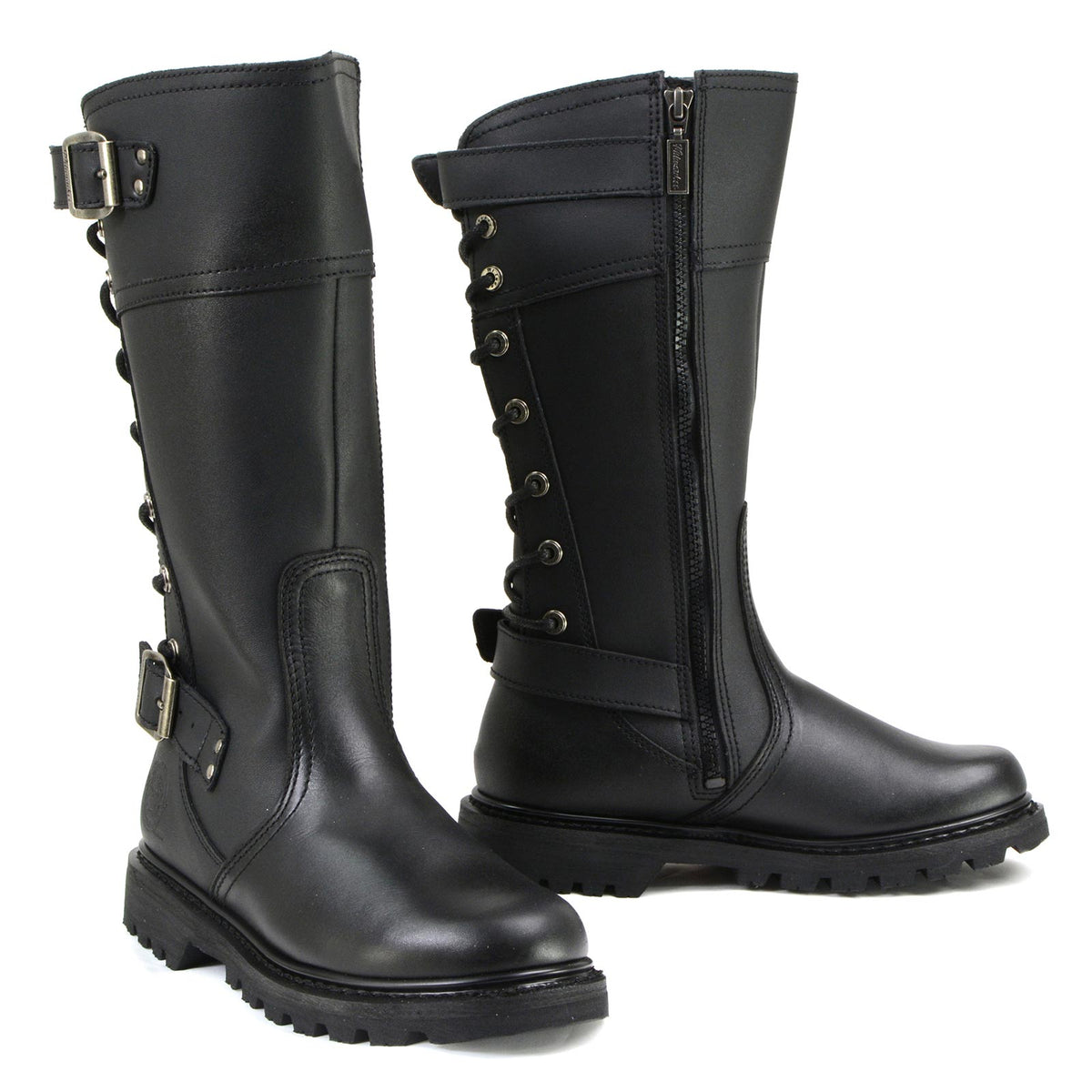 Milwaukee Leather Dream Girl women's 12-inch black leather motorcycle boots with knee-high design and sturdy sole.