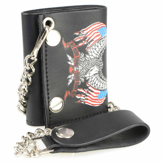 Milwaukee Leather men's 4-inch leather eagle tri-fold wallet with flag design and anti-theft stainless steel chain.