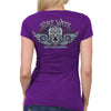 Hot Leathers Women's 2023 Daytona Beach Sugar Skull Purple T-Shirt featuring antique-style skull design.