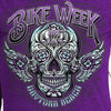 Hot Leathers women's 2023 Daytona Beach antique sugar skull purple T-shirt featuring vibrant skull and event-themed design.