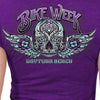 Hot Leathers Women's 2023 Daytona Beach antique sugar skull purple T-shirt, featuring vibrant skull and event-themed design.