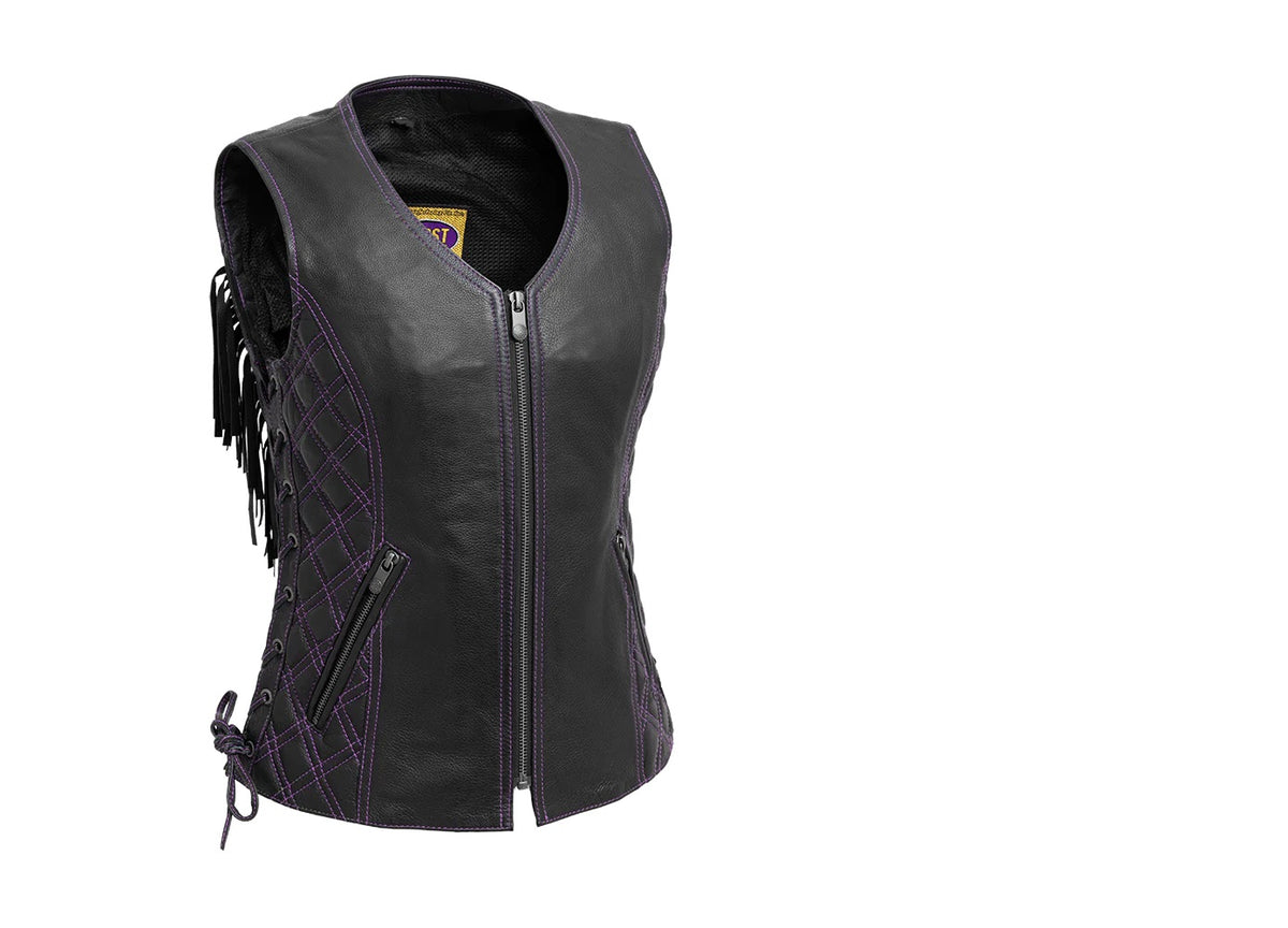 Purple Bandida women's motorcycle fringe leather vest by FIRST MFG, featuring fringe detailing and a fitted leather design.