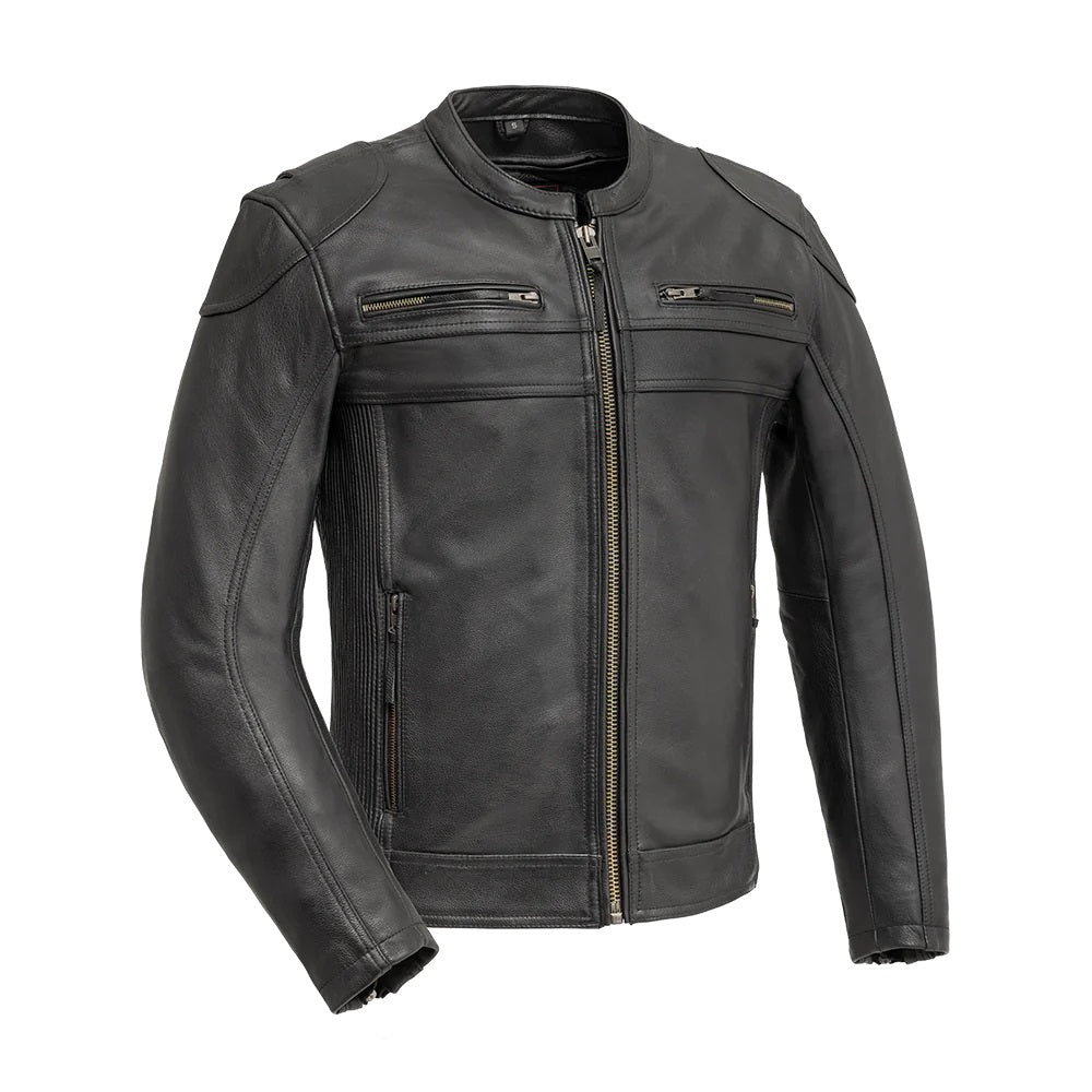 Men's black leather motorcycle jacket by FIRST MFG, Nemesis FIM295CDMZ, featuring a fitted design and zip-up front.