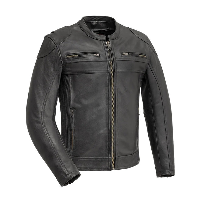 Men's black leather motorcycle jacket by FIRST MFG, Nemesis FIM295CDMZ, featuring a fitted design and zip-up front.